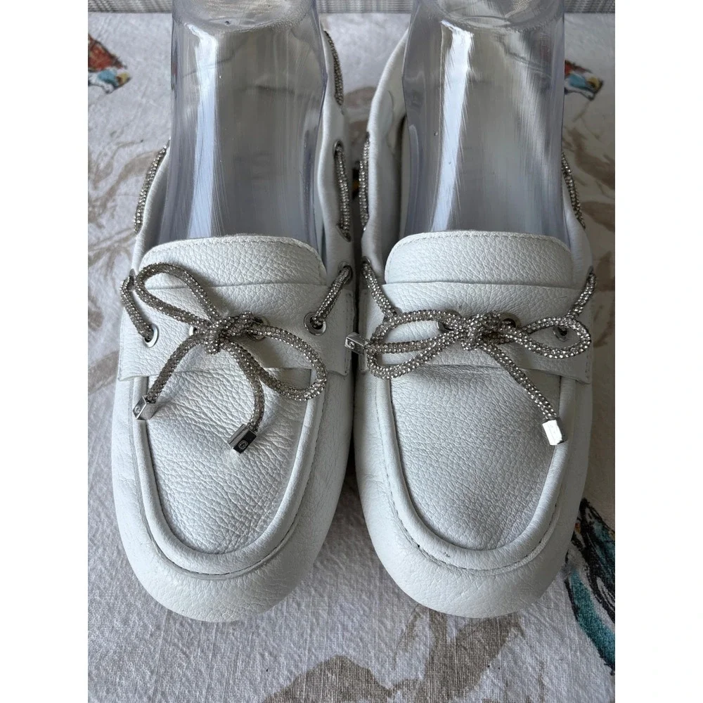 Guess Lavonta2 White Leather Rhinestone Bow Driving Loafers 8.5M GWLAVONTA2